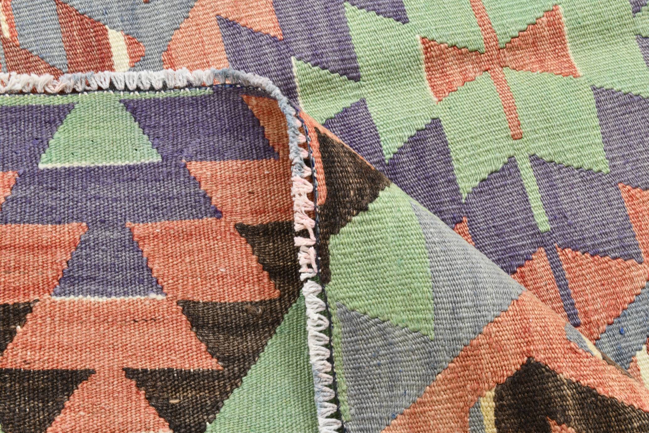 6x9 Green & Salmon Geometric Kilim Rug, 177x266Cm