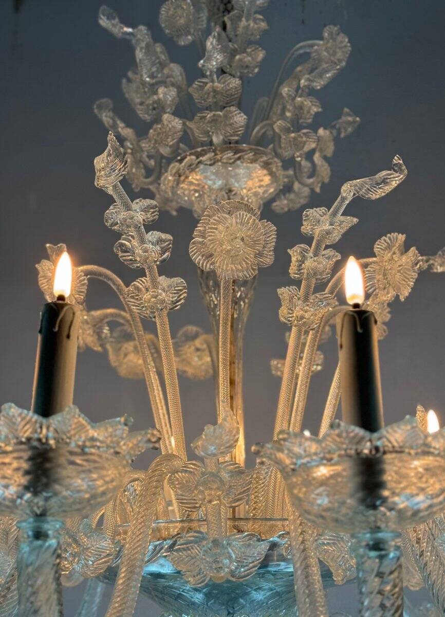 Venetian chandelier in colorless murano glass, 12 light arms, circa 1900