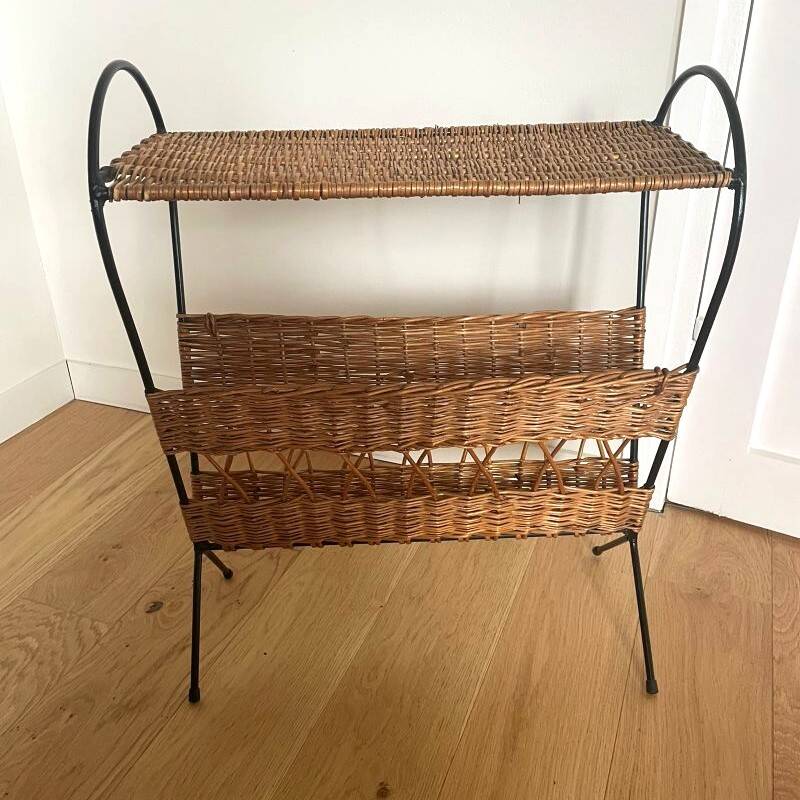 Vintage rattan and black metal magazine rack – Nightstand