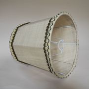 Turned wooden lamp with linen shade
