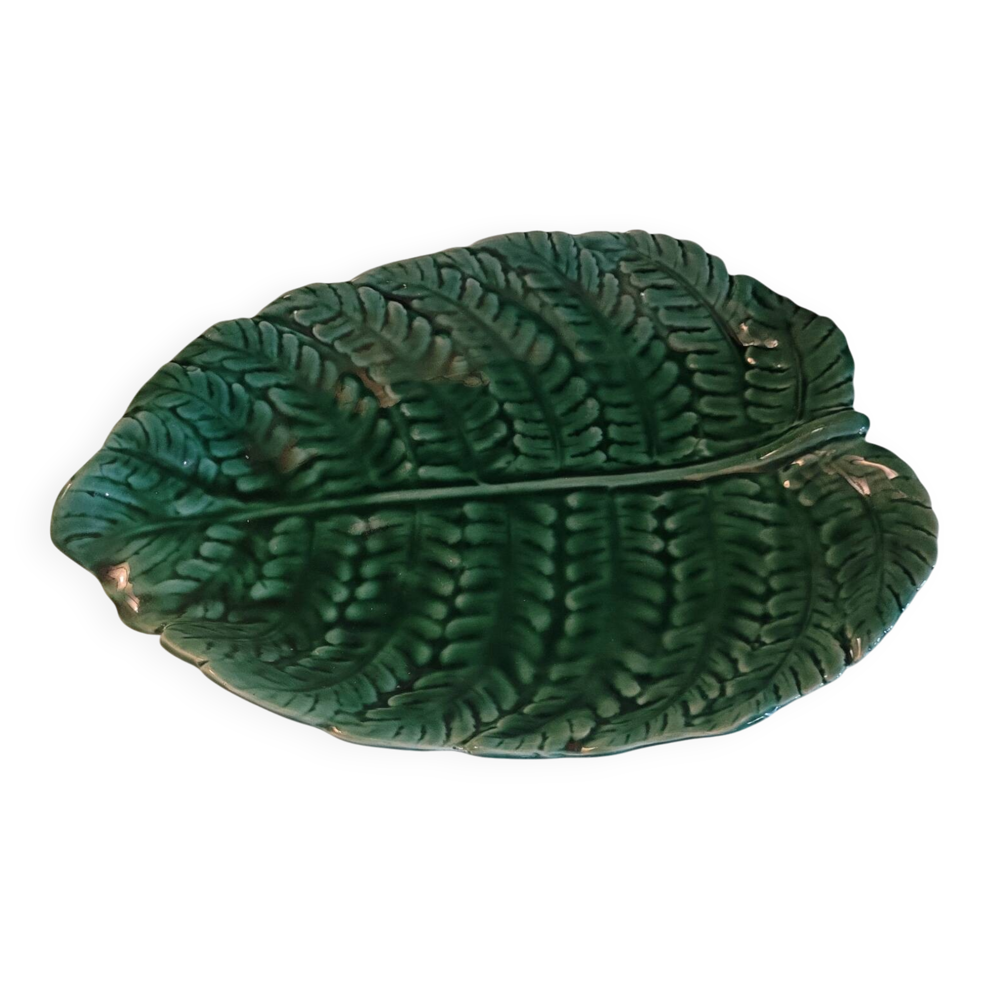 Green earthenware leaf dish – Sarreguemines France, circa 1955