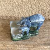 Salt cellar and mustard pot in French faience by A Clement.