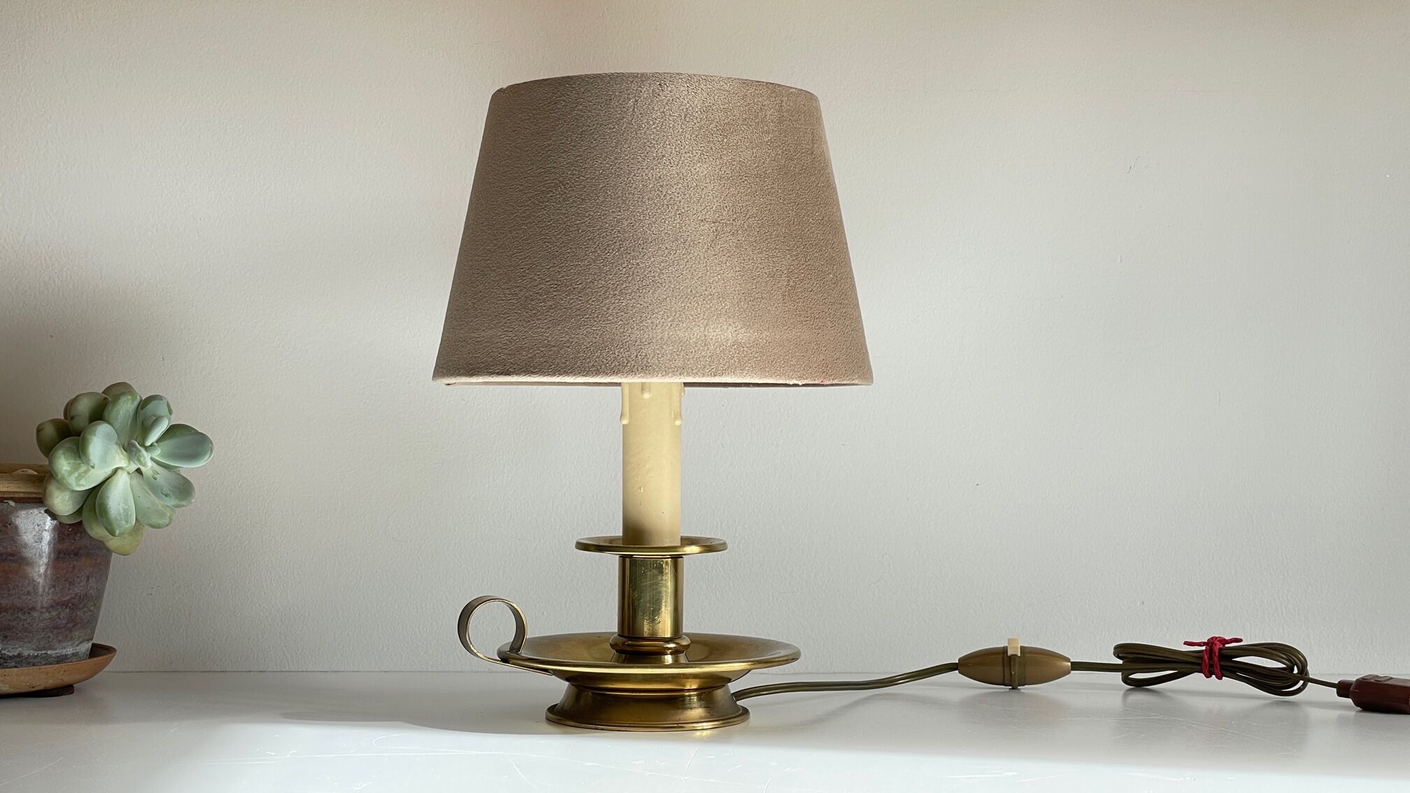 Solid brass and velvet candle holder lamp
