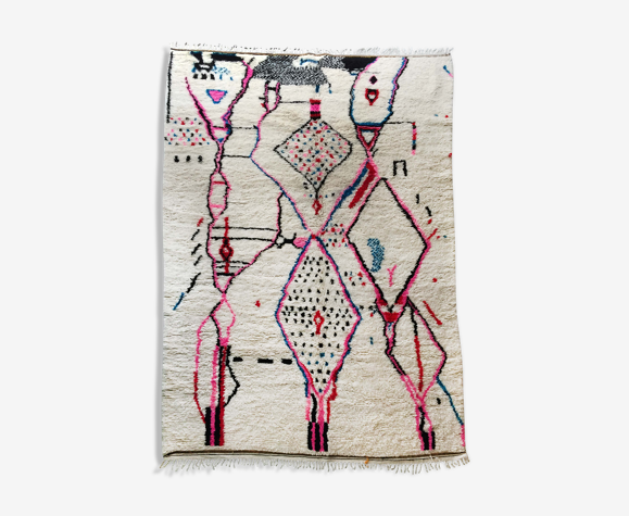 Tapis berbère marocain Azilal écru à motifs colorés 313x200cm