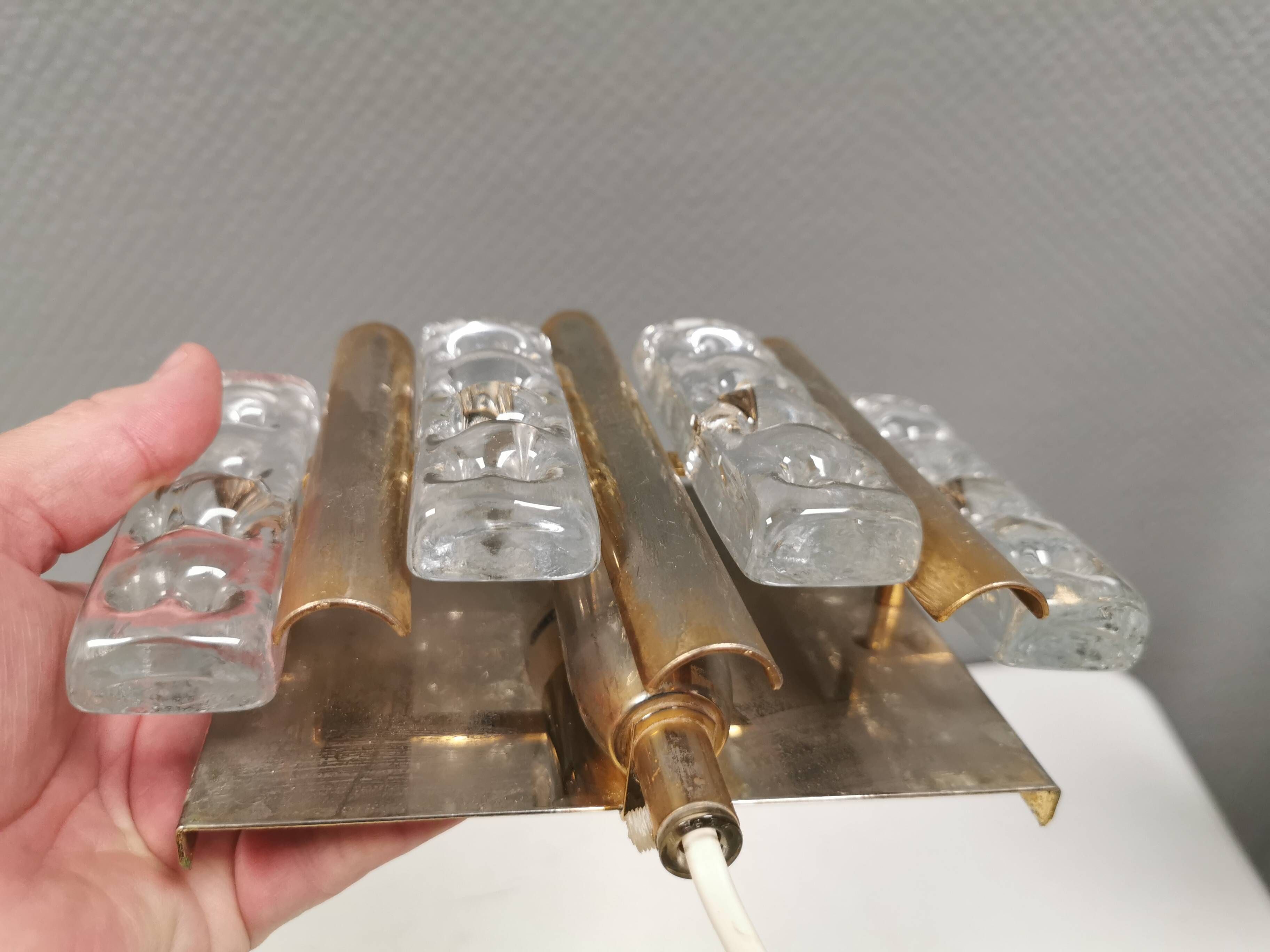 Old Swedish wall lamp, made of hard pressed glass, brass and metal 1960s