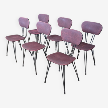 Ensemble de 6 chaises rétro skaï bordeaux pieds eiffel métal noir années 50