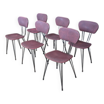 Set of 6 retro burgundy leatherette chairs with black metal Eiffel legs from the 1950s