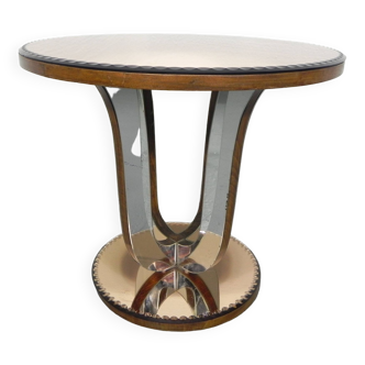 Art Deco coffee table with mirror glass and walnut veneer