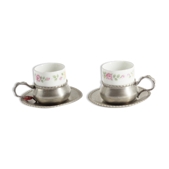 Set of 2 Bavaria cups with tin holder and under tin cup