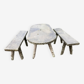 1 table and 2 benches in cement, faux wood, rockery, 1950s. 150cm