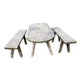 1 table and 2 benches in cement, faux wood, rockery, 1950s. 150cm