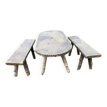 1 table and 2 benches in cement, faux wood, rockery, 1950s. 150cm