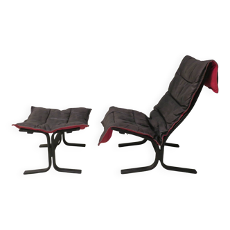 Fauteuil de salon en cuir patiné avec ottoman Ingmar Relling, Norvège, années 1960