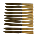 Set of 11 old table knives, horn handle, stainless blade and silver ferrule