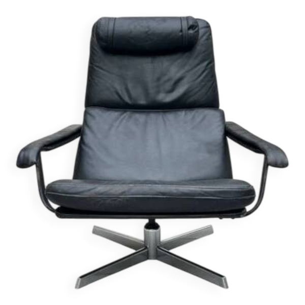 Fauteuil lounge pivotant en cuir noir, années 70