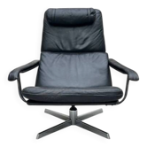 Fauteuil lounge pivotant en cuir noir, années 70