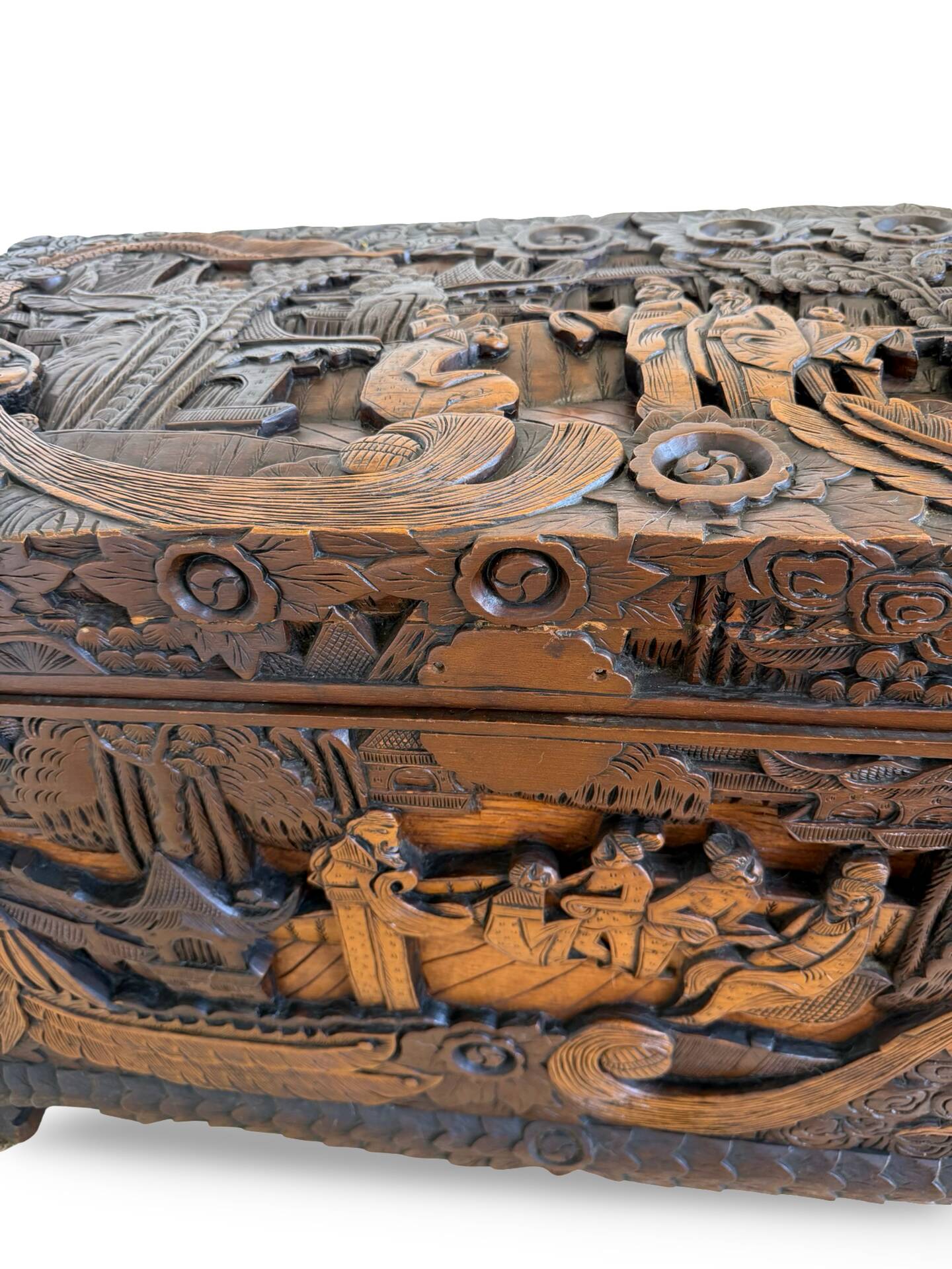 Antique Chinese Carved Export Chest – Dragon, Phoenix & Landscape Deco