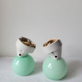 Duo of wall lamps in porcelain and green opaline