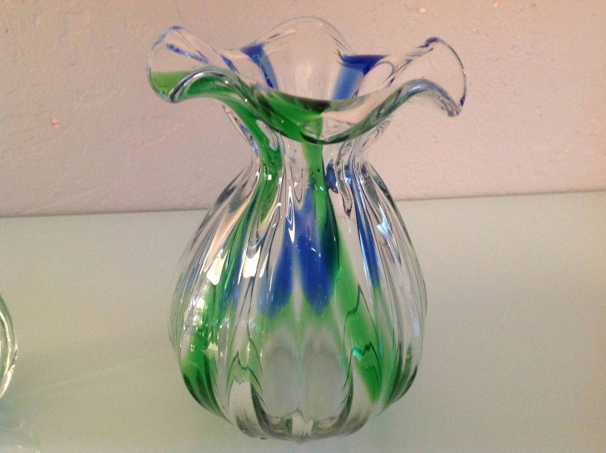 Pair of soliflore vases in polychrome ribbed glass / vintage 60s-70s