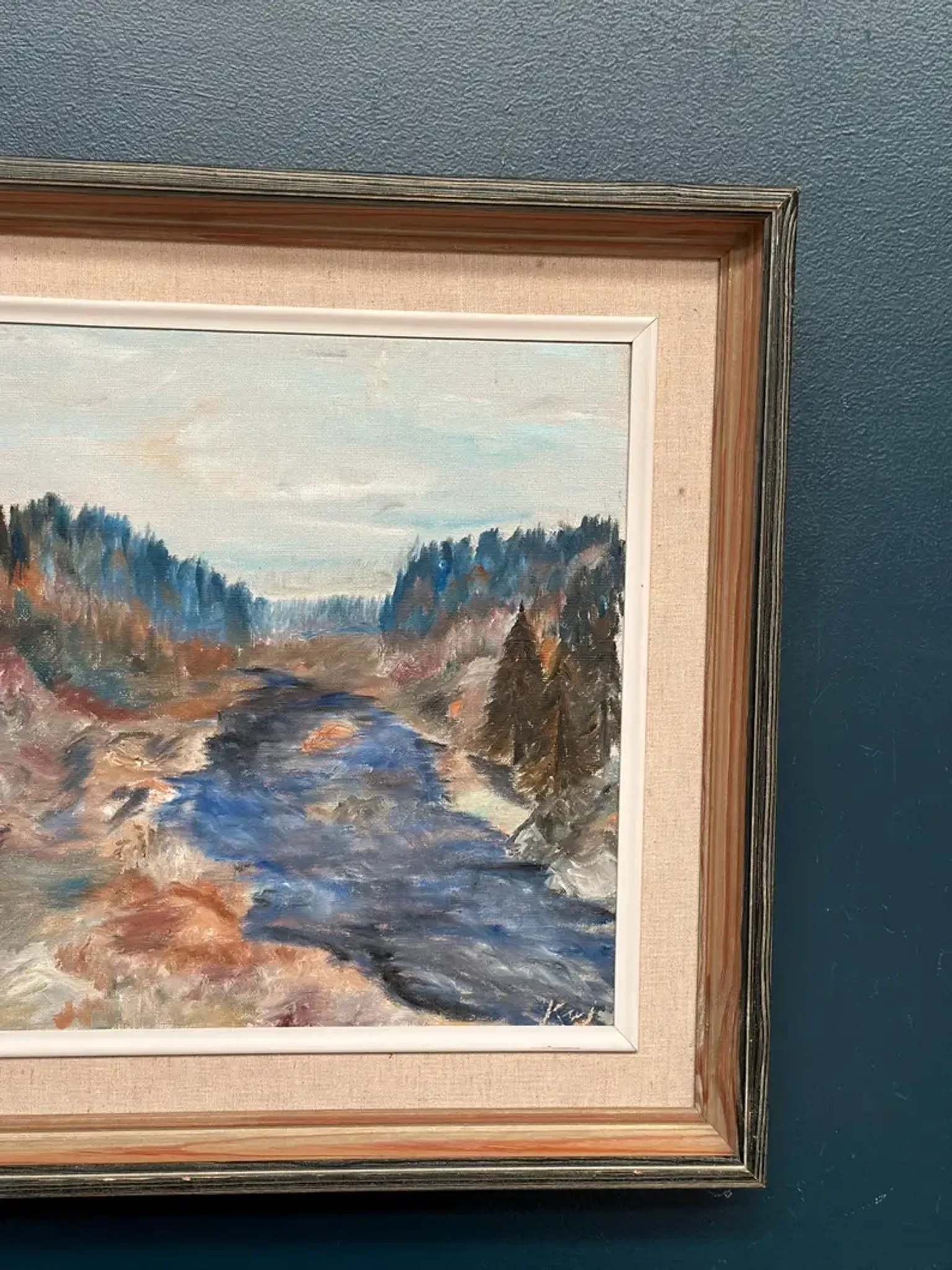 Original Swedish Oil on Canvas – “Landscape with River and Forest” by Kaj – Signed – Vintage & Framed – 60 × 52 cm (23.6" × 20.5")