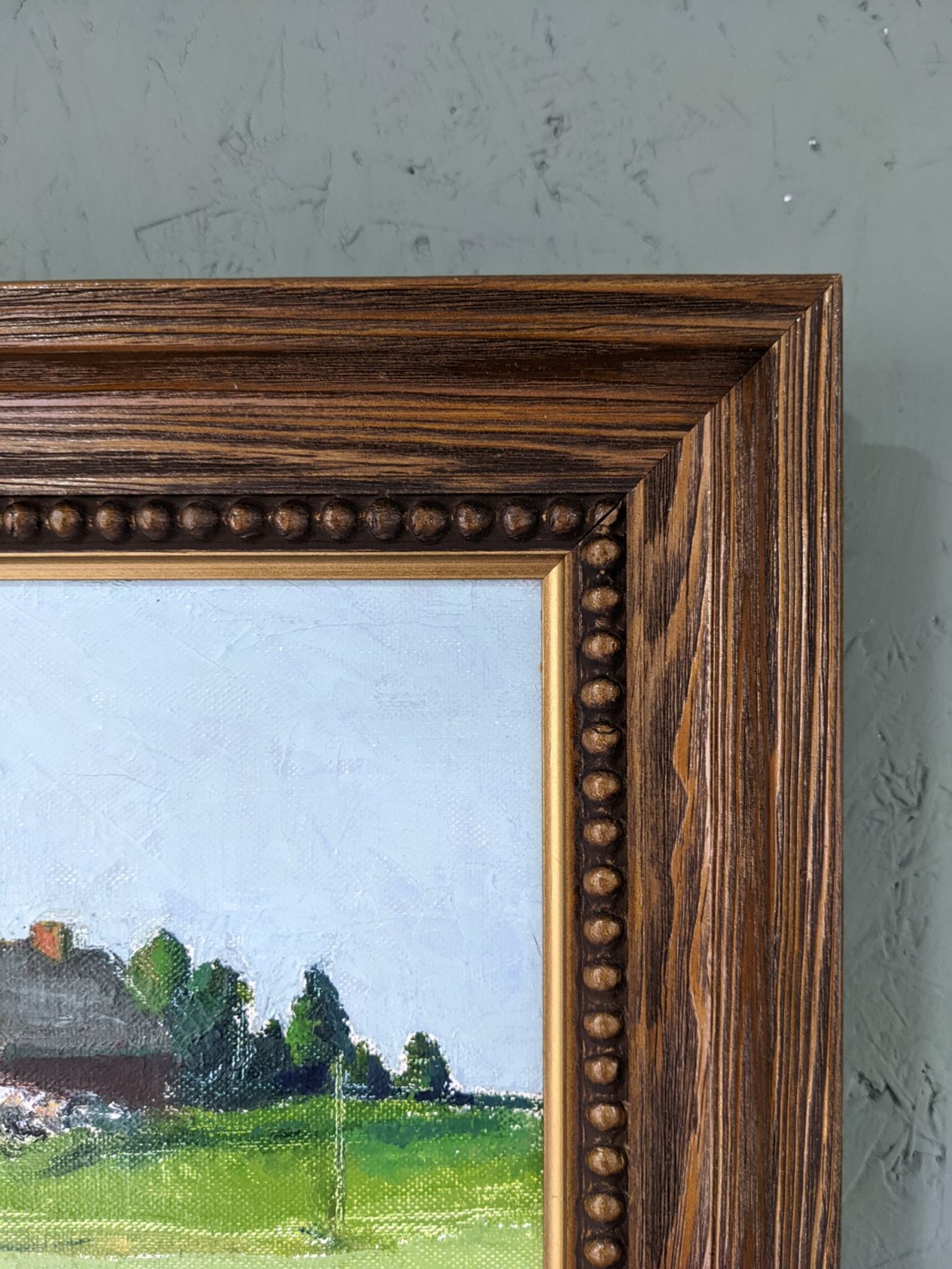Mid-Century Modern Swedish "Red Cottage" Vintage Landscape Oil Painting, Framed