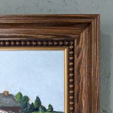 Mid-Century Modern Swedish "Red Cottage" Vintage Landscape Oil Painting, Framed