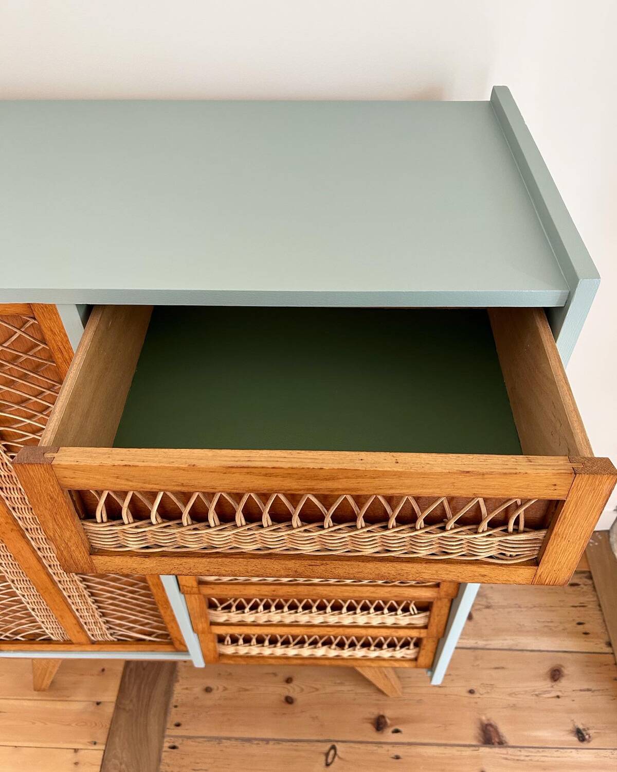 Oak and rattan wardrobe / chest of drawers