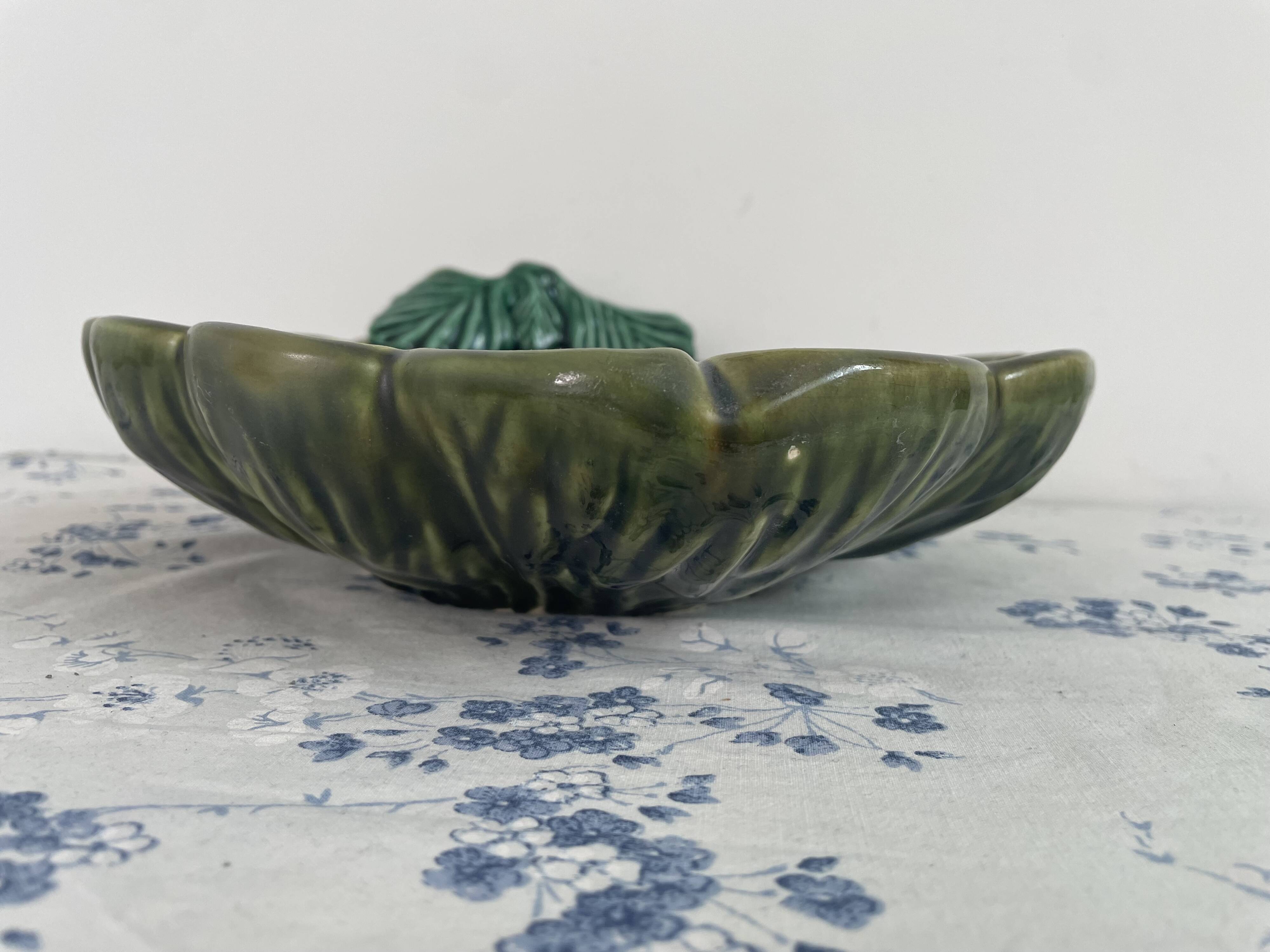 Large decorative dish, green ceramic flower, mid-20th century