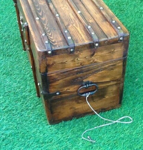 Antique travel chest Wood studded / wrapped in leather Brass lock with key (functional)