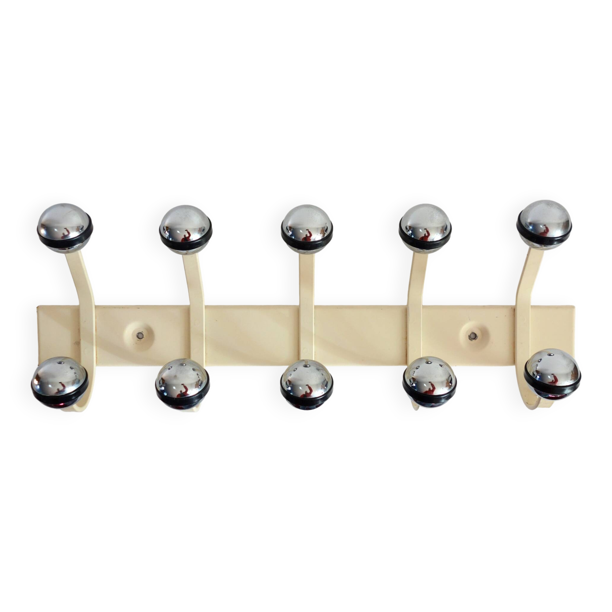 Wall-mounted coat rack with 10 vintage metal and chrome balls