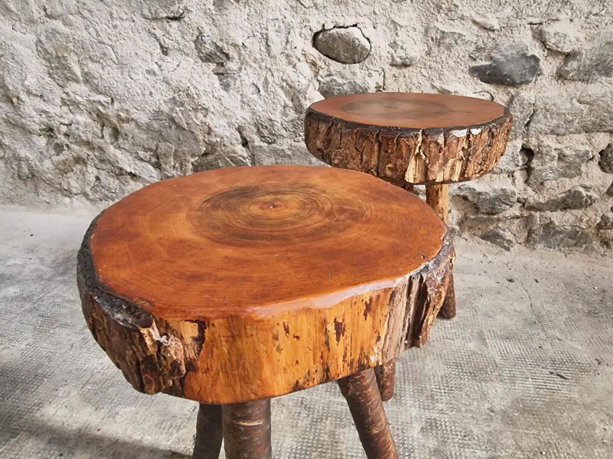 Vintage wooden tripod stools, set of 2, France 1960s