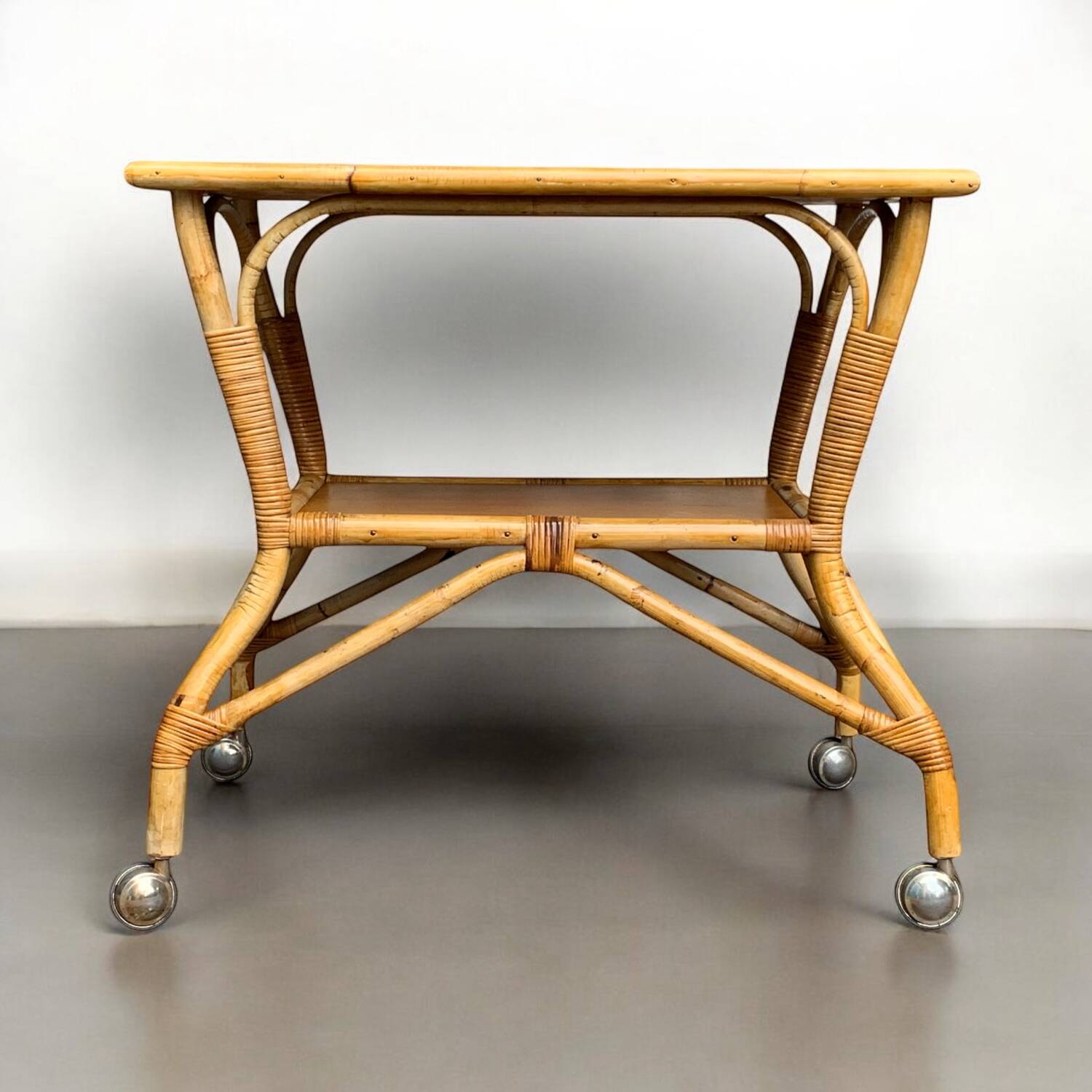 Vintage rattan and oak serving trolley 1960