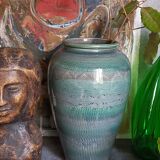 Oblong ceramic vase sacrificed with blue enamel