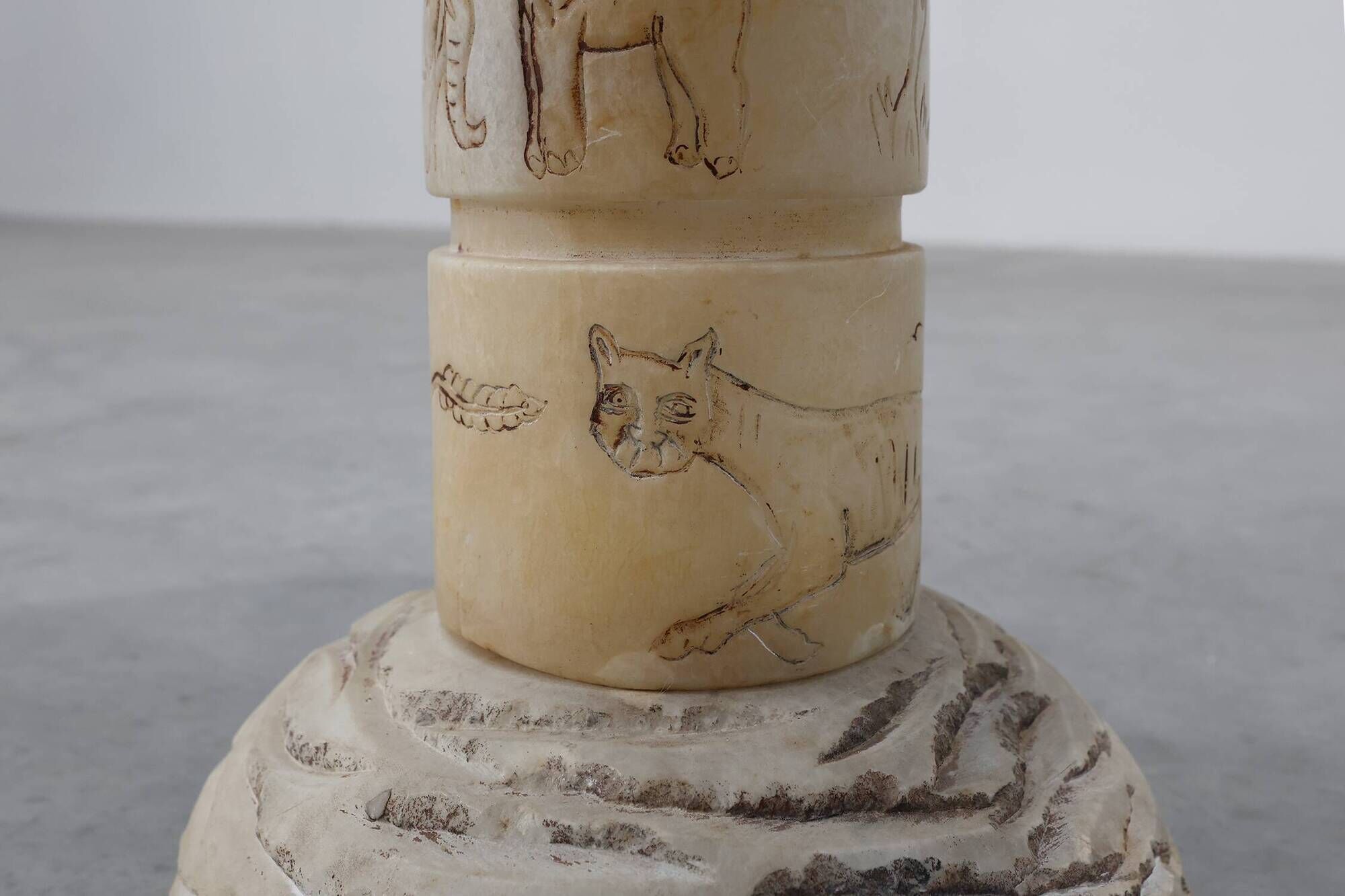 Carved alabaster pedestal with engraved figures, Italy ca. 1900