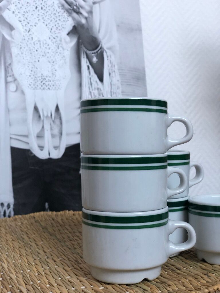 Lot 6 white porcelain cups green stripe