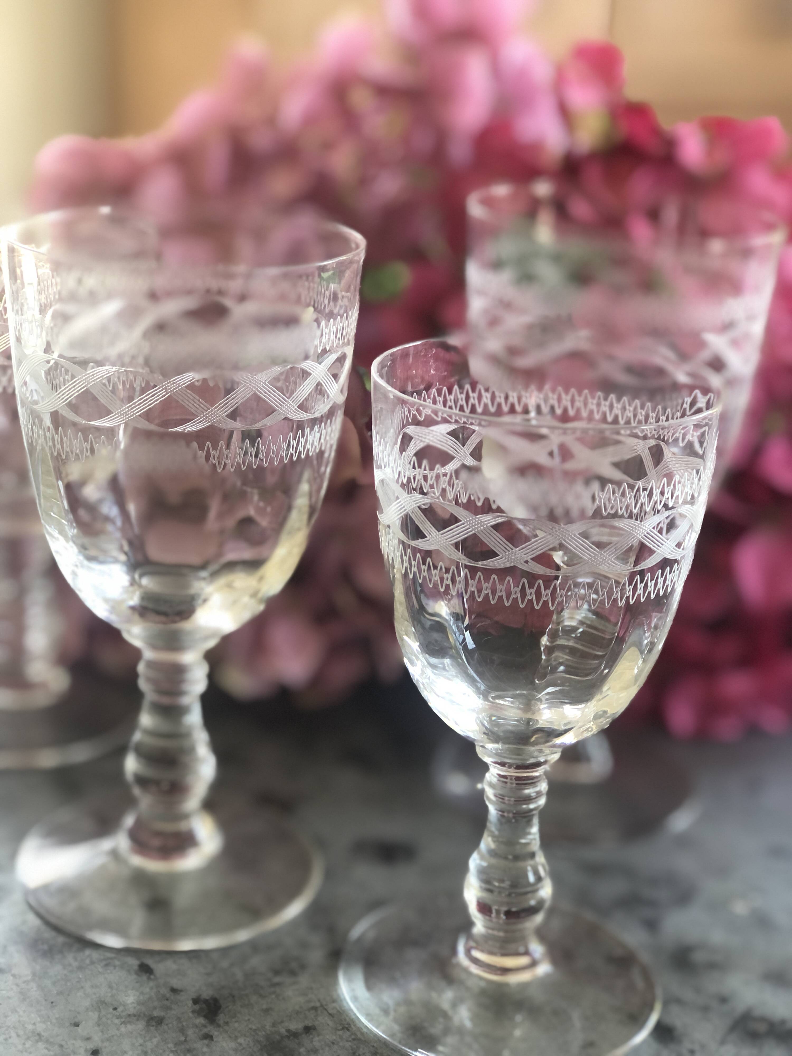 6 old engraved crystal glasses