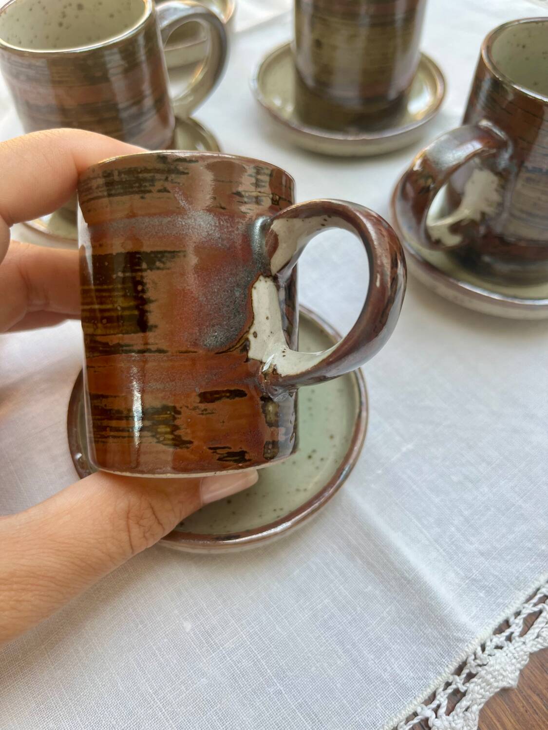 Vintage Rustic Stoneware Coffee Set - 6 Cups + 6 Saucers
