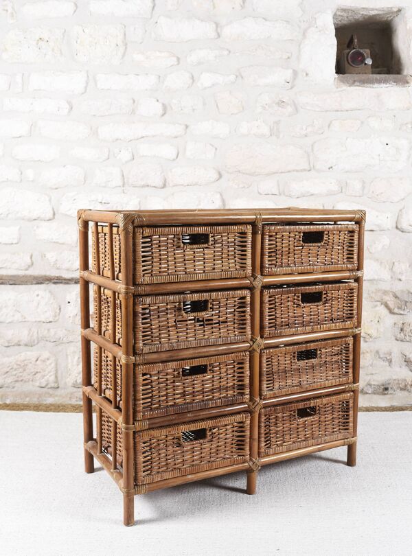 Commode en osier et rotin avec 8 tiroirs