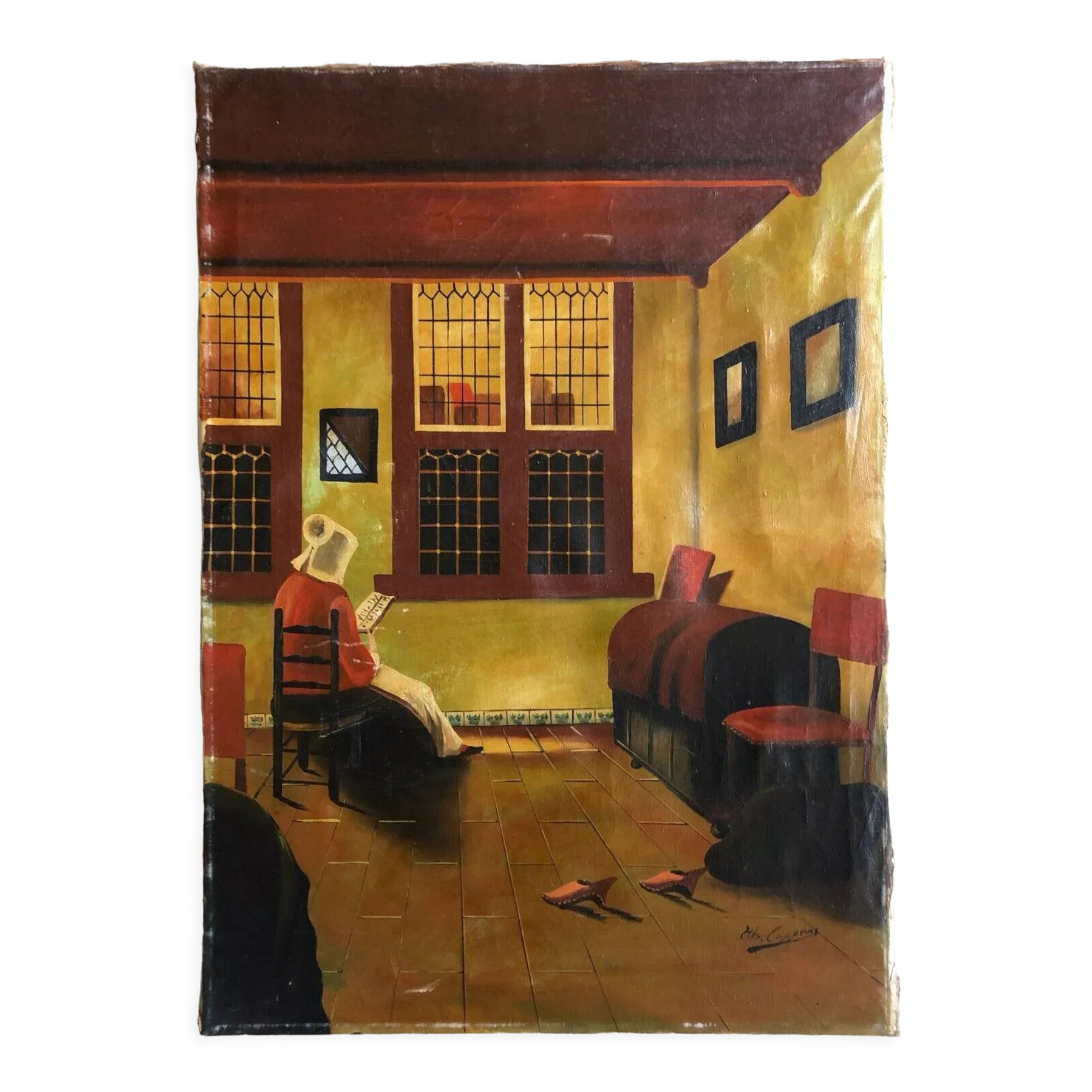 Mid century signed painting with Flemish interior