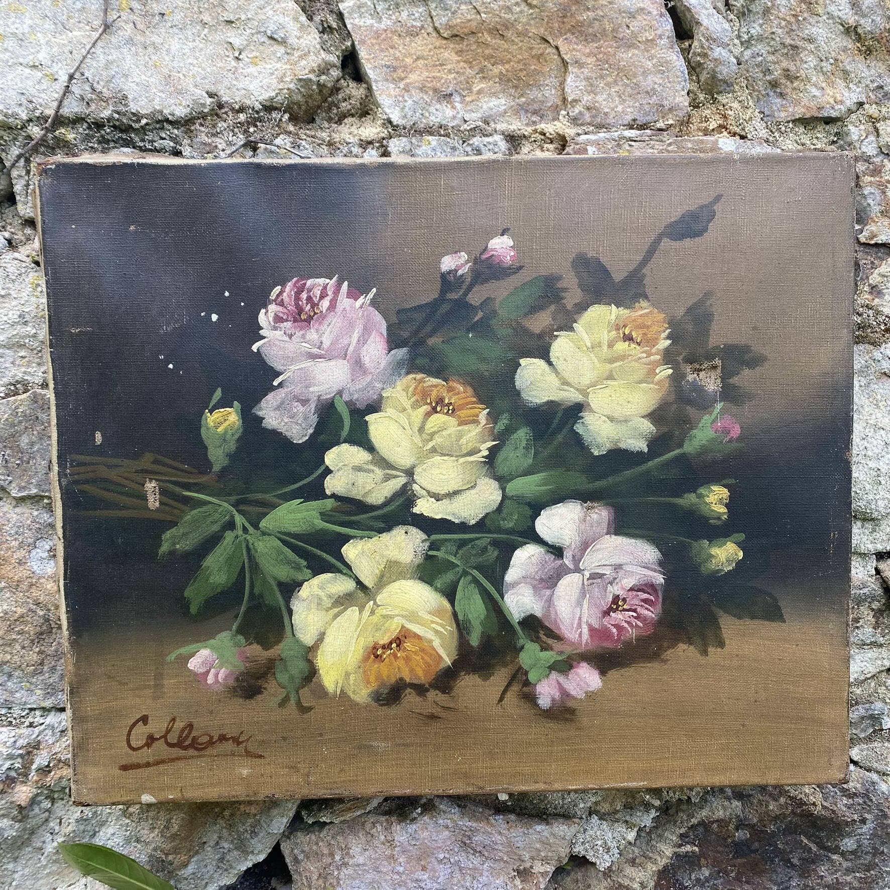 Old still life, old painting of flowers, bouquet of roses.