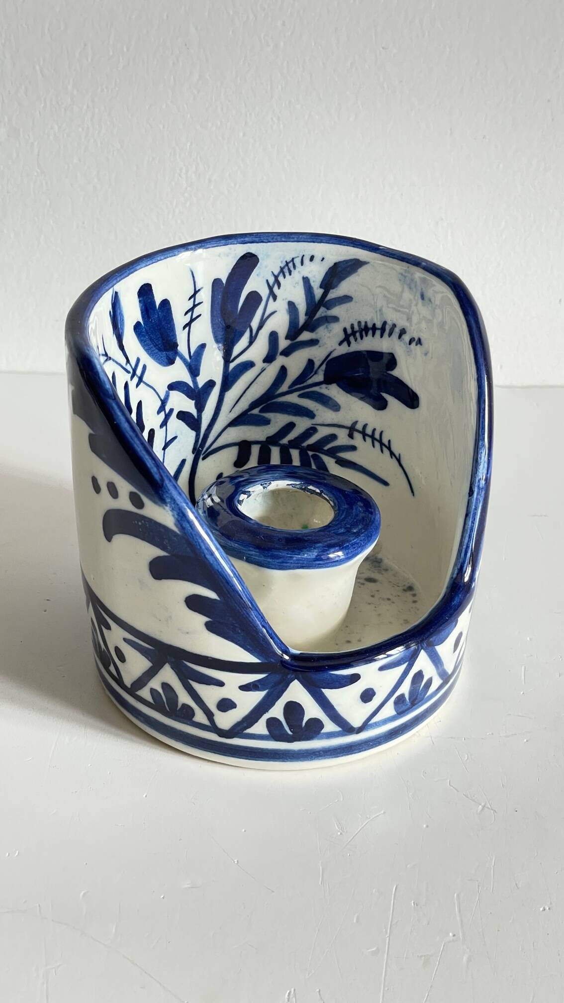Blue ceramic hand candle holder vintage craft