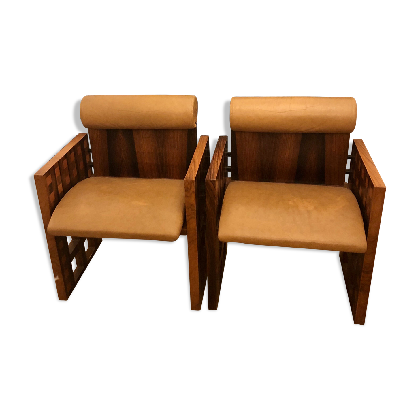 Pair of Mobil Girgi Armchairs, Wood and Leather.