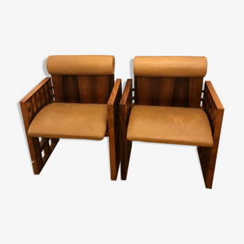 Paire de fauteuils Mobil Girgi bois et cuir