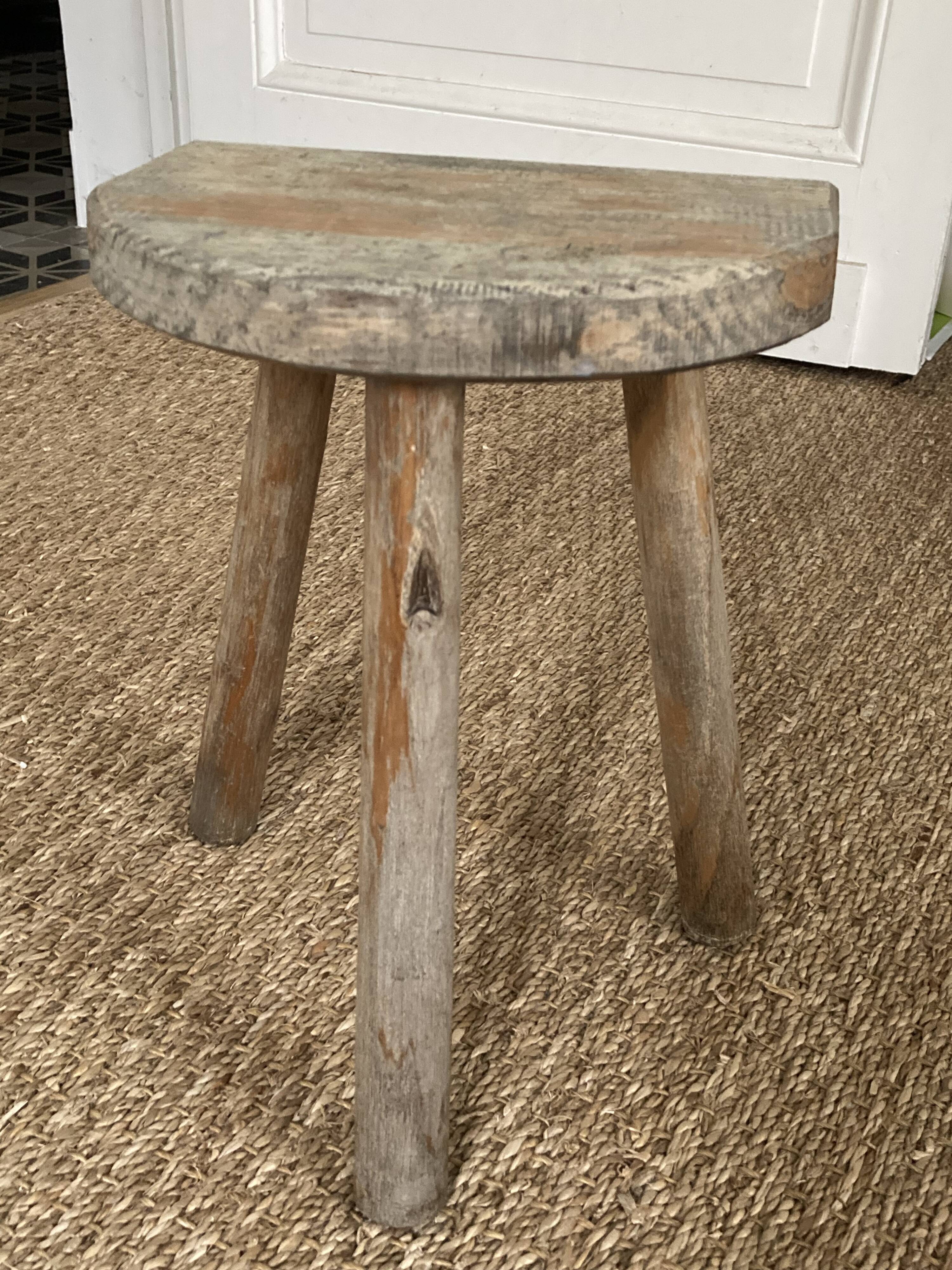 Antique brutalist wooden tripod stool