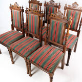 Set of six dining room chairs of oak and upholstered with striped fabric, 1920s