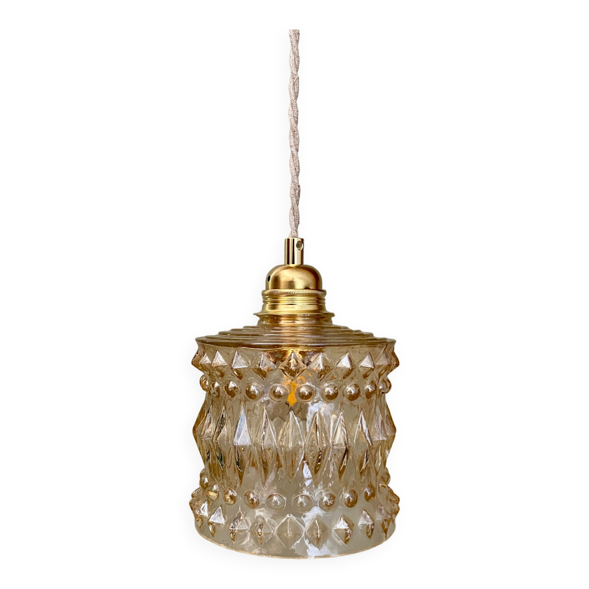 Suspension globe vintage en verre moulé ambré