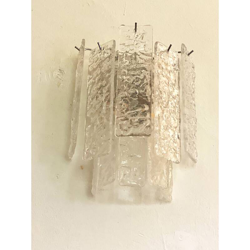 Pair of Contemporary Hammered Strips ”Listelli” Murano Glass Chromed Wall Sconces by Simoeng