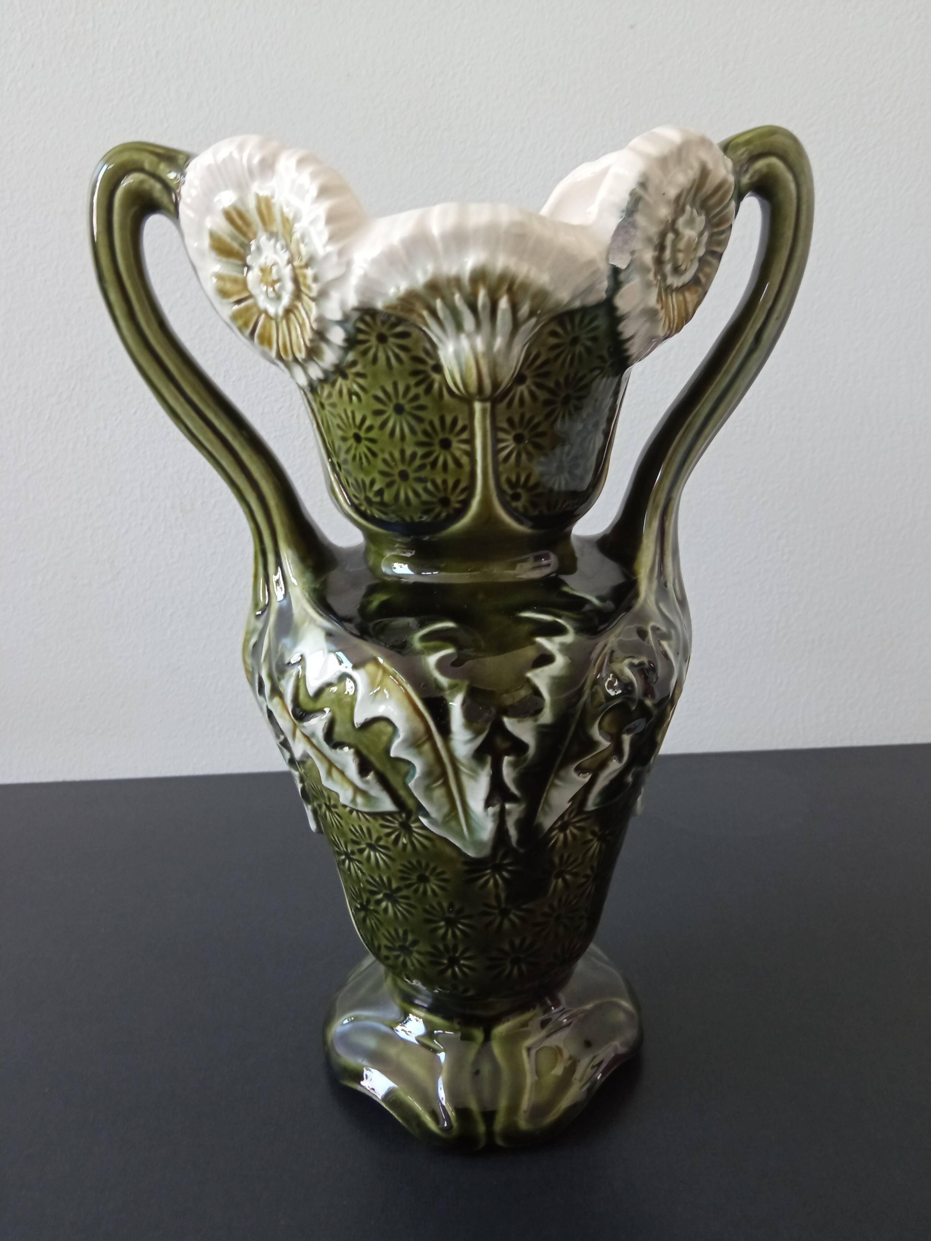 barbotine vase with art nouveau thistle flowers, very rare