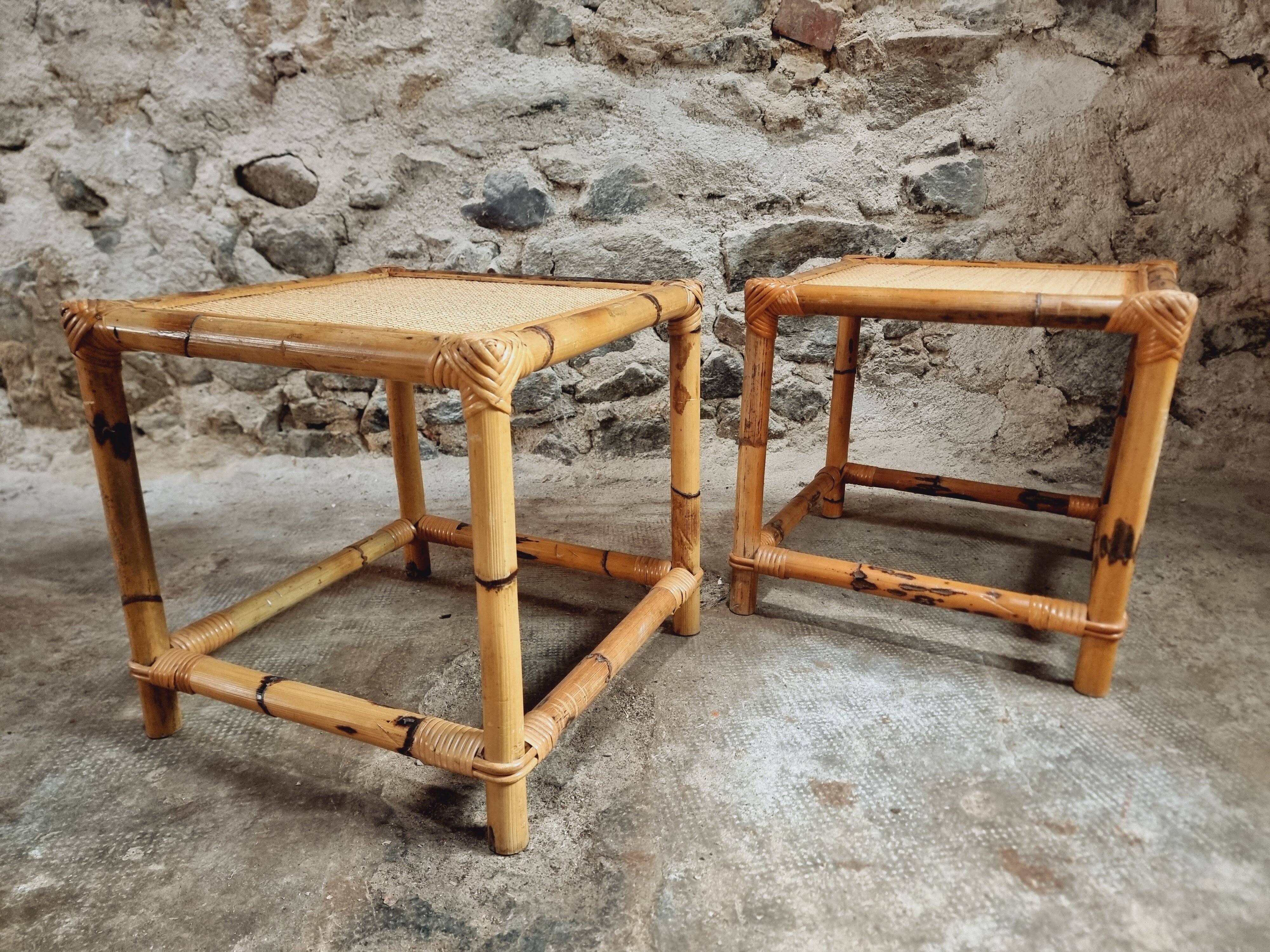 Vintage bamboo and rattan side tables – France, 1970s