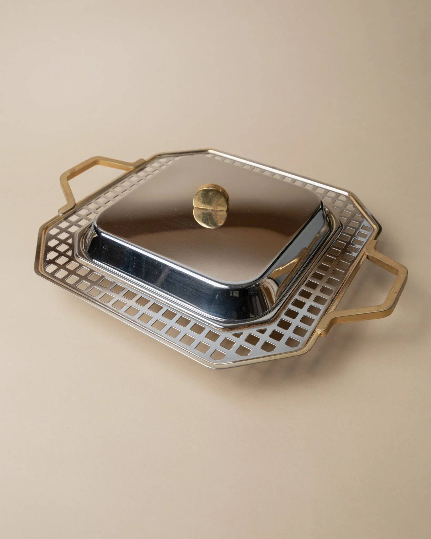 Vintage stainless steel serving tray Inoxpran Orchidea line, silver with gold-plated edge, Italian 1980s design